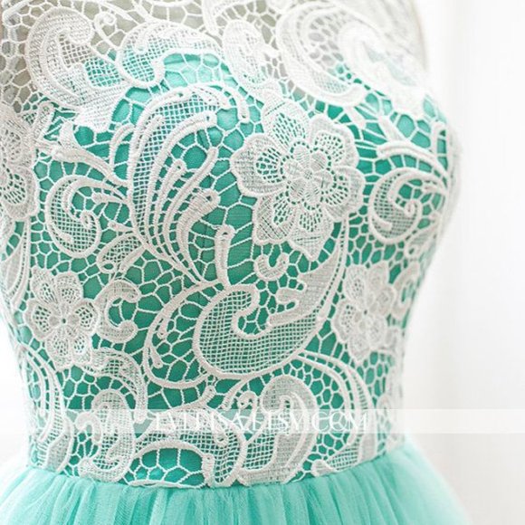 Short Lace Teal Tulle Grad Dress - Picture 4 of 7